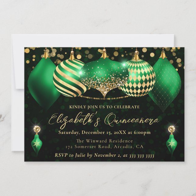Invitación Navidades verdes y dorados baubles Quinceanera (Anverso)