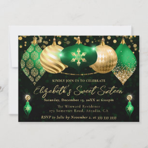 Invitación Navidades verdes y dorados Baubles Sweet 16