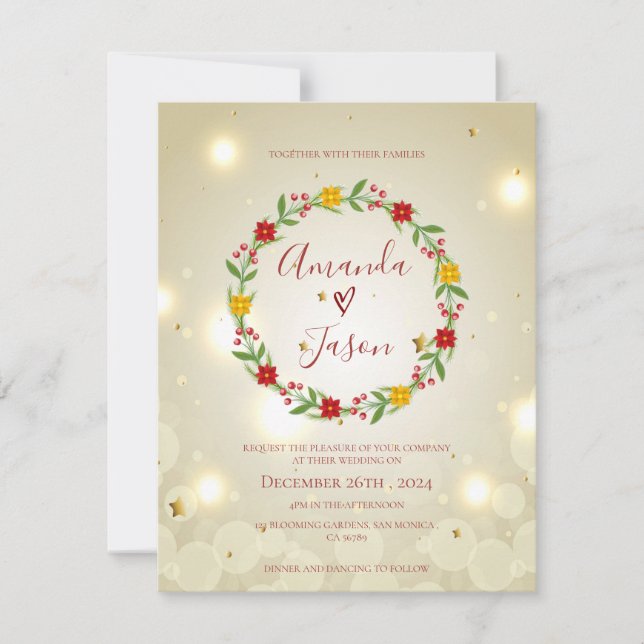 Invitación Navidades vestidos de Boda floral verde rojo (Anverso)