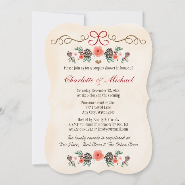 Invitación Navidades Vintage Floral Pinecone Ducha Parejas (Anverso)