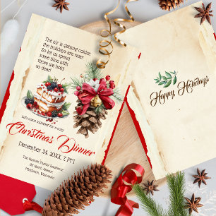 Invitación Navidades Vintage Foliage Pine Cone Floral