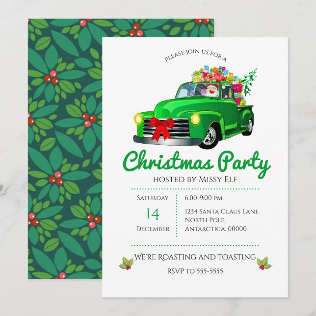 Invitación Navidades Vintage Green Truck, Tree & Santa (Anverso / Reverso)