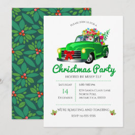 Invitación Navidades Vintage Green Truck, Tree & Santa