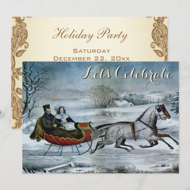 Invitación Navidades Vintage Holiday Sled Ives (Anverso / Reverso)
