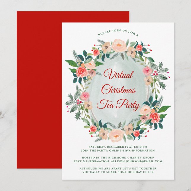 Invitación Navidades virtuales Fiesta de té florals de invier (Anverso / Reverso)