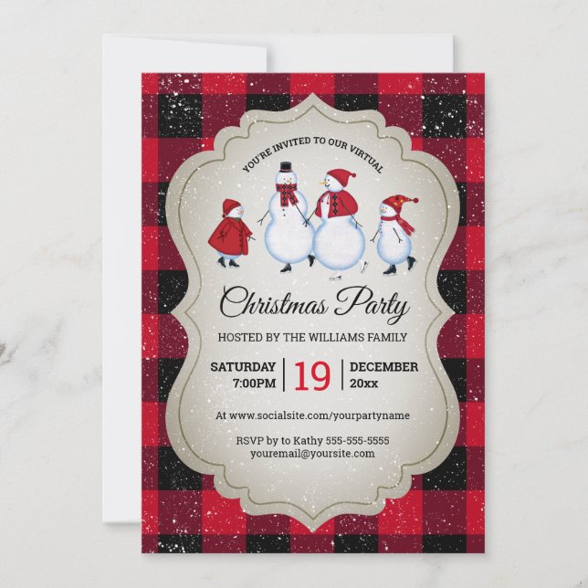 Invitación Navidades virtuales Fiesta Snowman Red Buffalo (Anverso)