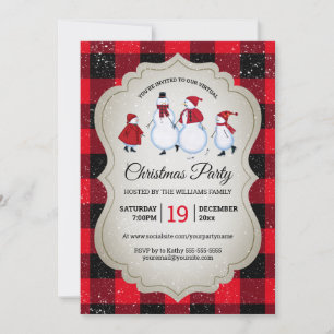 Invitación Navidades virtuales Fiesta Snowman Red Buffalo