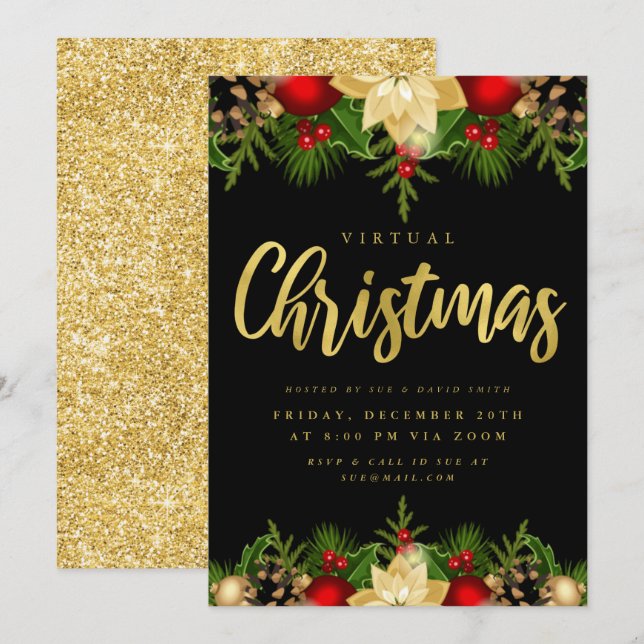 Invitación Navidades VIRTUALES Gold Black Fiesta de vacacione (Anverso / Reverso)