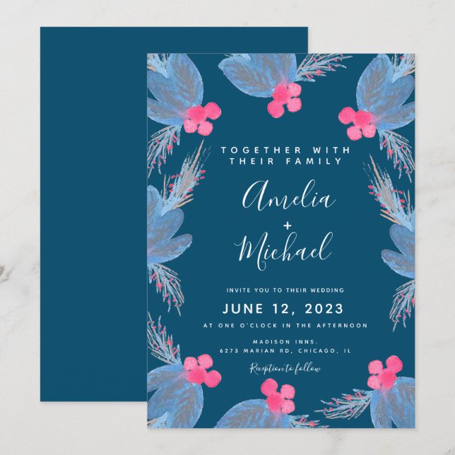 Invitación Navidades Watercolor Berry Blue Boda Botánico (Anverso / Reverso)