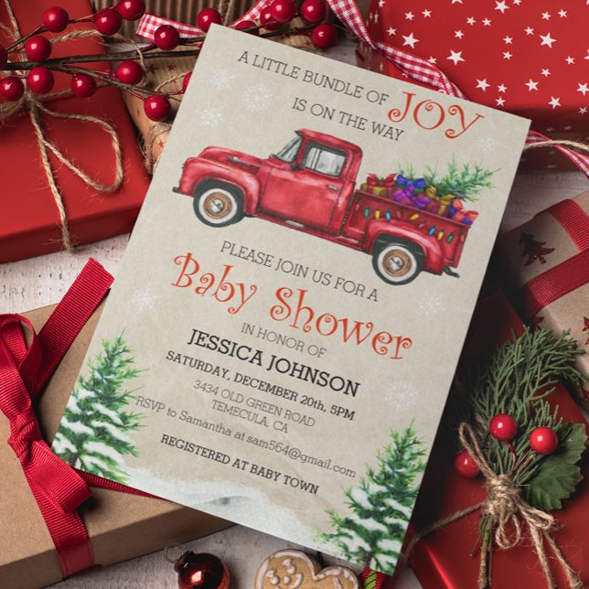 Invitación Navidades Watercolor Truck Baby Shower Bundle Joy (Subido por el creador)