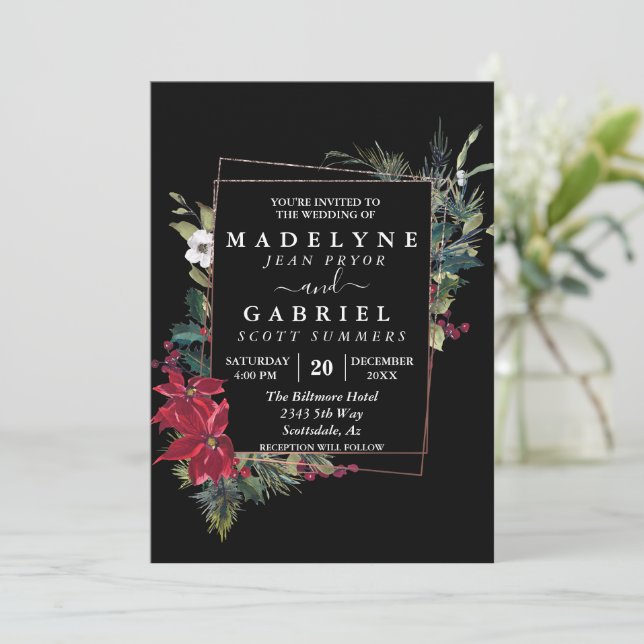 Invitación Navidades Winter Elegant Poinsettia Boda negro (Anverso de pie)