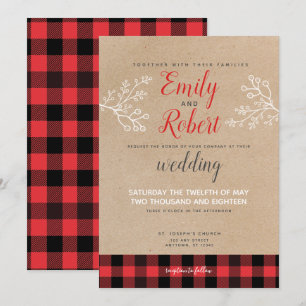 Invitación Navidades Winter Flannel Boda negro rojo