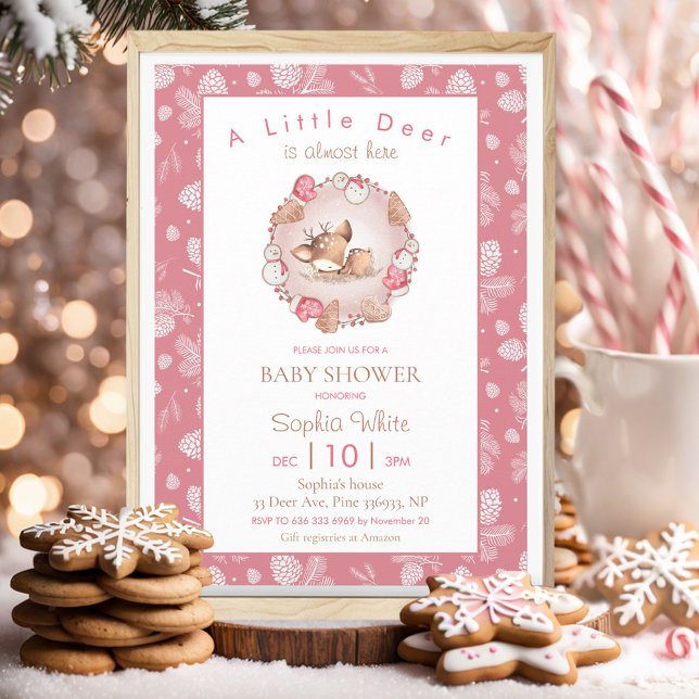 Invitación Navidades Winter Pink Deer Pine Cone Baby Shower (Christmas Winter Pink Deer Pine Cone Baby Shower Invitation)