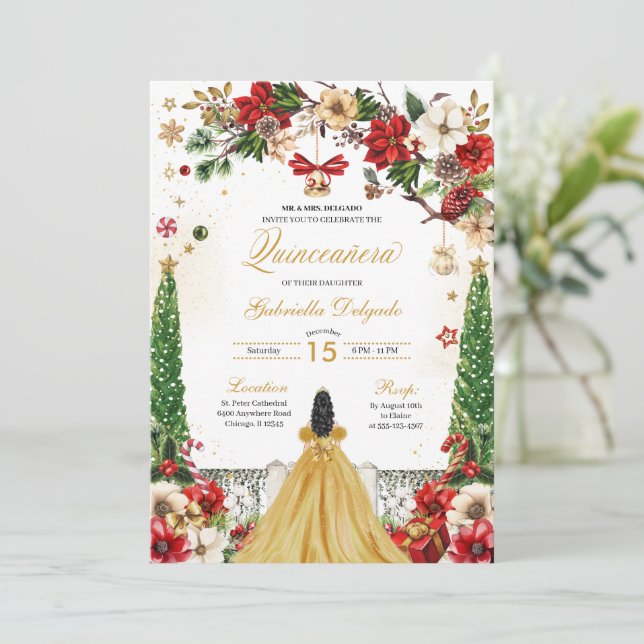 Invitación Navidades Winter Poinsettia Red Gold Quinceanera (Anverso de pie)