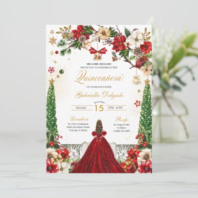 Invitación Navidades Winter Poinsettia Red Gold Quinceanera (Anverso de pie)