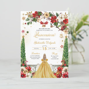 Invitación Navidades Winter Poinsettia Red Gold Quinceanera