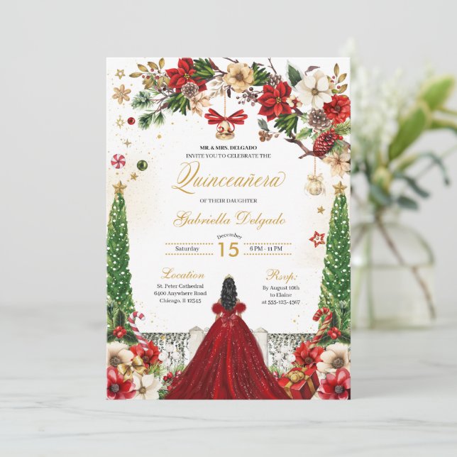 Invitación Navidades Winter Poinsettia Red Gold Quinceanera (Anverso de pie)