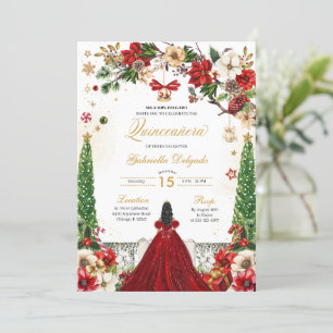 Invitación Navidades Winter Poinsettia Red Gold Quinceanera