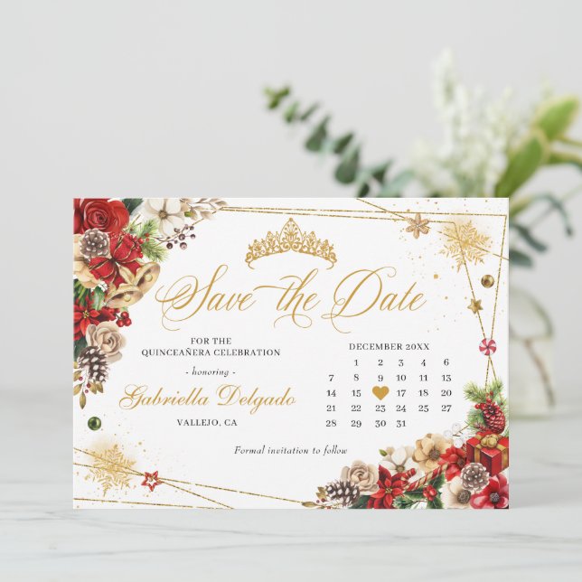 Invitación Navidades Winter Red Gold Poinsettia Salvar La Fec (Anverso de pie)