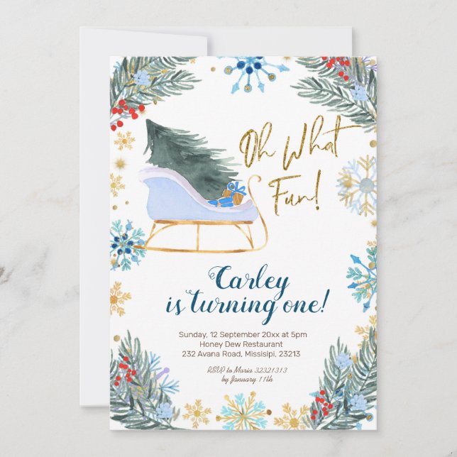 Invitación Navidades Winter Sleigh Oh Qué Chico Divertido (Anverso)