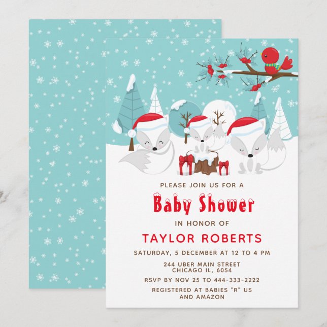 Invitación Navidades Woodland Arctic Fox Baby Shower (Anverso / Reverso)