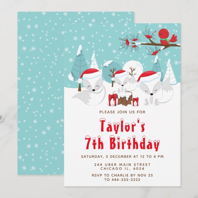 Invitación Navidades Woodland Arctic Fox Birthday Party (Anverso / Reverso)