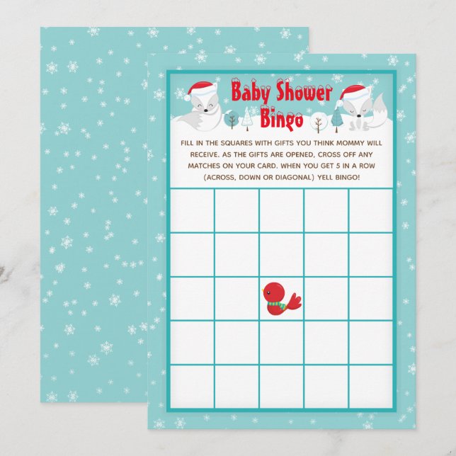 Invitación Navidades Woodland Arctic Foxes Baby Shower Bingo (Anverso / Reverso)
