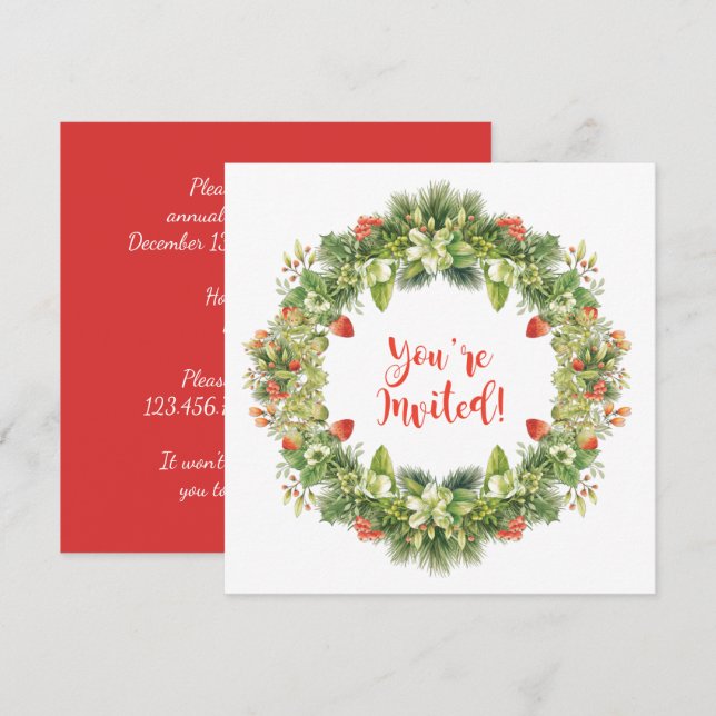 Invitación Navidades Wreath Berries Flowers Holly Pine Invita (Anverso / Reverso)
