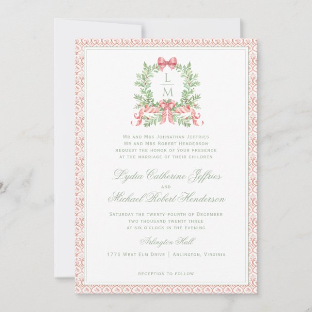 Invitación Navidades Wreath Candy Cane Bow | Boda de monogram (Anverso)