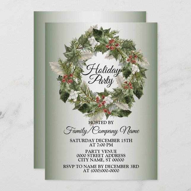 Invitación Navidades Wreath Elegante Fiesta de vacaciones (Anverso / Reverso)