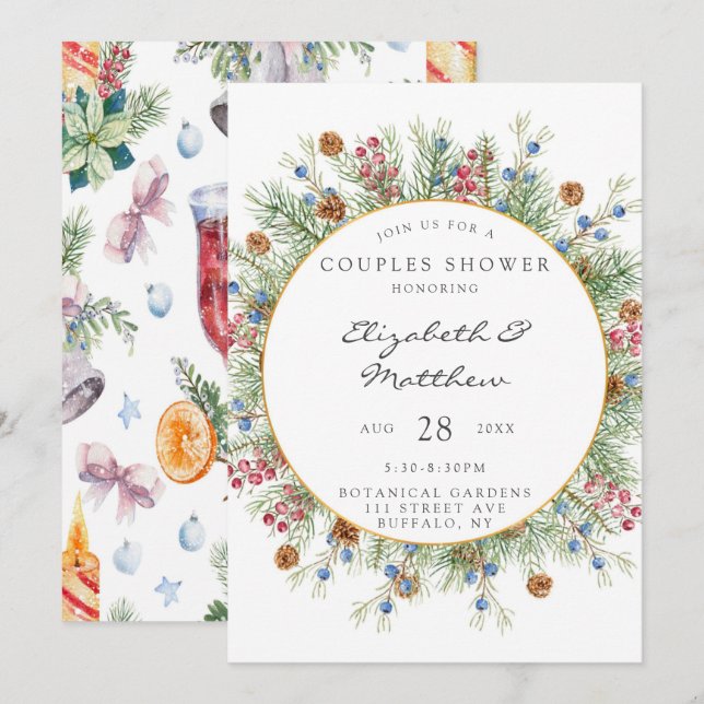 Invitación Navidades Wreath Gold Couples Shower (Anverso / Reverso)