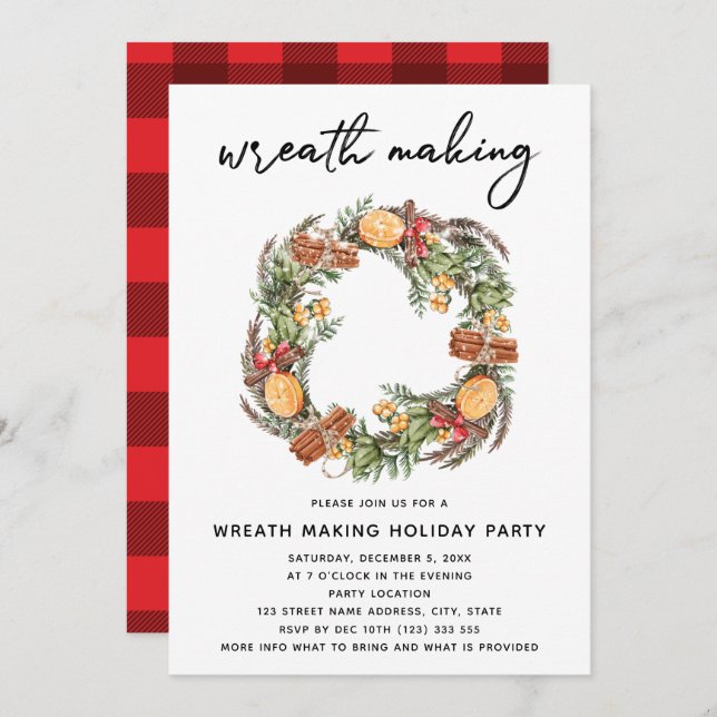 Invitación Navidades Wreath Haciendo Fiesta Rojo (Anverso / Reverso)