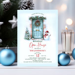 Invitación Navidades Wreath Holiday Open House Fiesta Snowman<br><div class="desc">Elegantes Navidades de acuarela / tarjetas de invitaciones para fiestas Holiday Open House. Vestimenta con ramas de pino,  hueso,  pinos,  snowman,  árbol,  puerta de casa,  baubles y arco. Plantillas fáciles de editar. Perfecto para casa / hogar / familia / amigos / fiestas vecinos.</div>