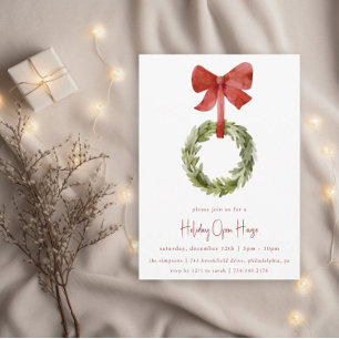 Invitación Navidades Wreath Red Bow   Casa abierta de vacacio