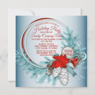 Invitación Navidades Wreath Red Bow Fiesta de vacaciones Verd