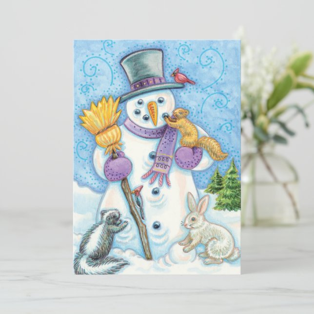 Invitación Navideña Adorable de Muñeco de Nieve y  (Anverso de pie)