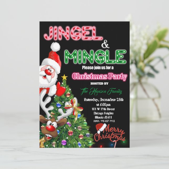 Invitación navideña, jingle y mingle de Feliz (Anverso de pie)