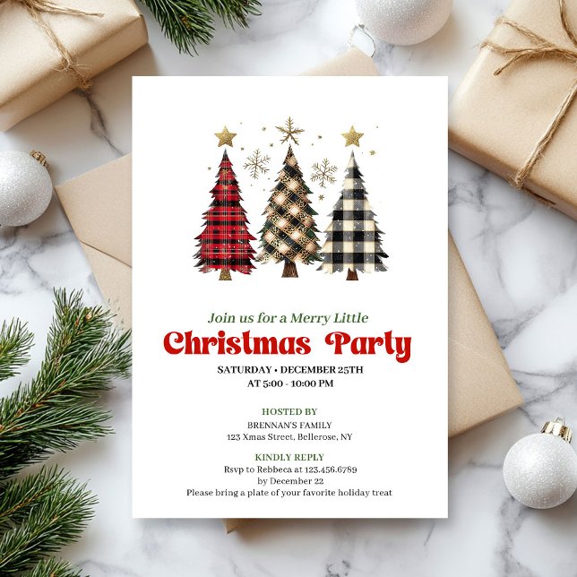 Invitación navideña rústica de árbol de Navidad a  (Rustic buffalo plaid Christmas tree holiday invite)