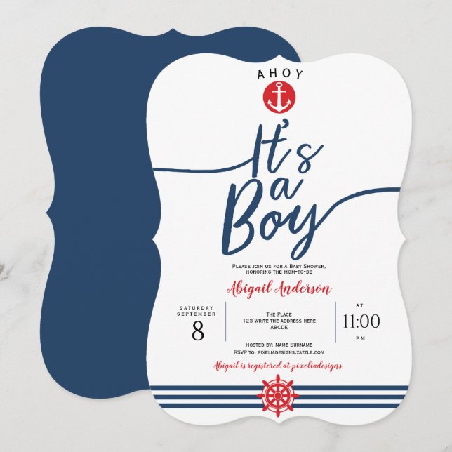Invitación Navy, Ahoy es un chico, moderno, stripes, niño (Anverso / Reverso)