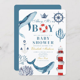 Invitación Navy Ahoy es un niño Sailor Whale Sea Baby Shower