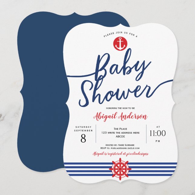 Invitación Navy, Anchor, Moderno, Tema Náutico, Baby Shower (Anverso / Reverso)
