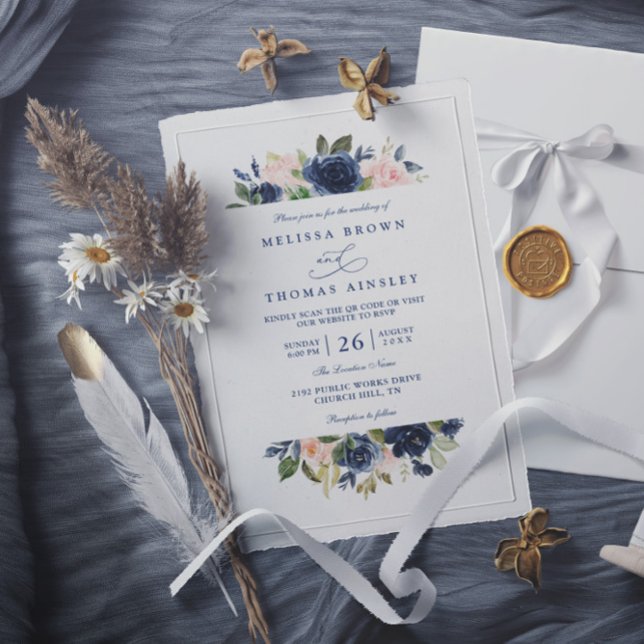 Invitación Navy and Blush Rustic Elegant Chic QR Code Wedding (Subido por el creador)
