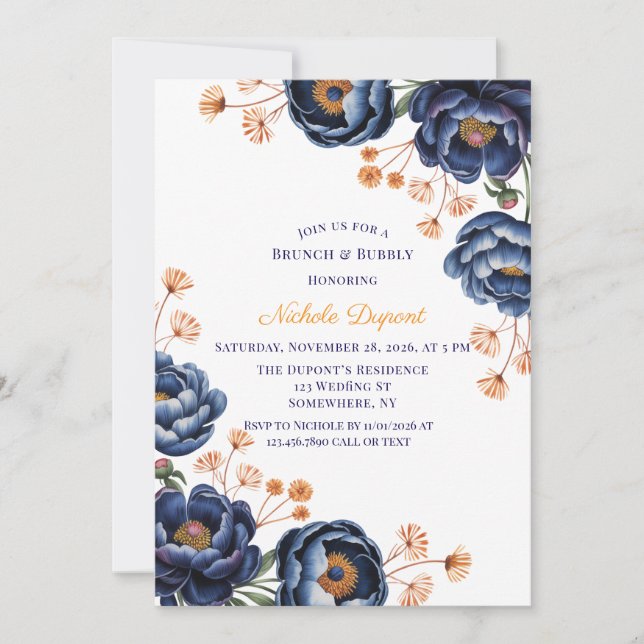 Invitación Navy and Burnt Orange Floral Brunch & Bubbly (Anverso)
