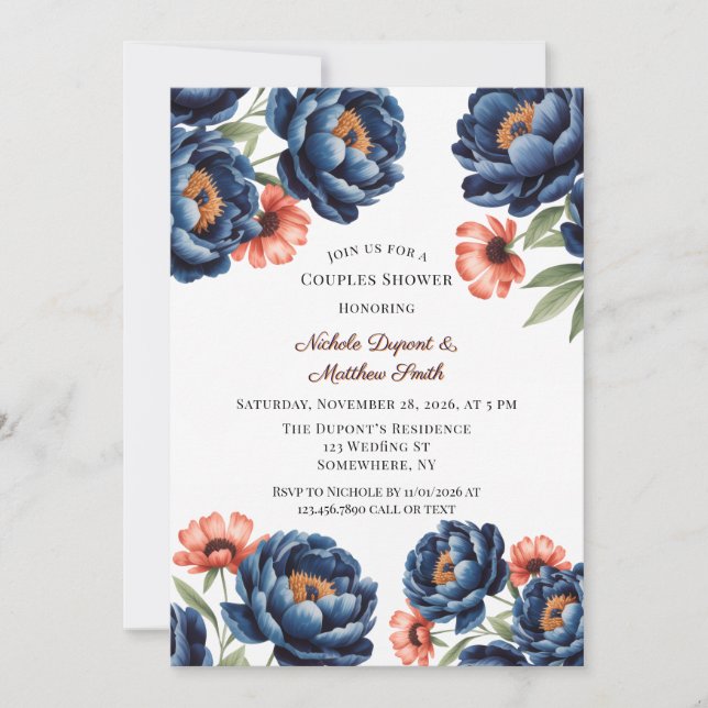 Invitación Navy and Burnt Orange Floral Couples Shower (Anverso)