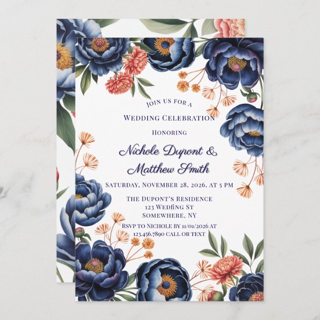 Invitación Navy and Burnt Orange Floral Wedding Celebration (Anverso / Reverso)