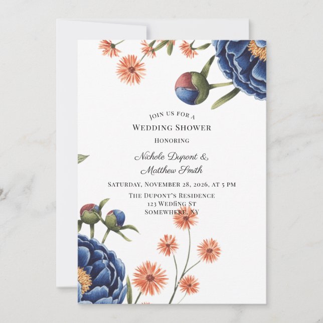 Invitación Navy and Burnt Orange Floral Wedding Shower (Anverso)