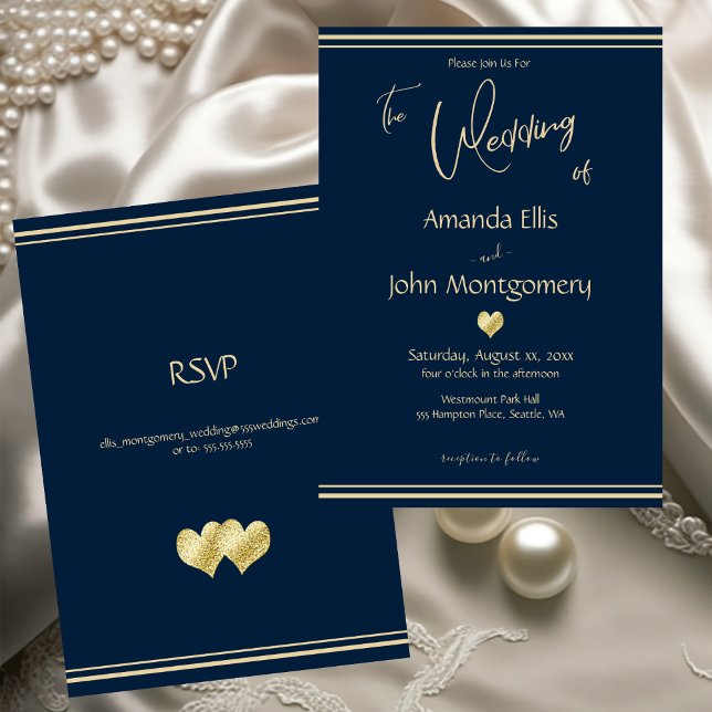 Invitación Navy and Gold Elegant Wedding with RSVP (Navy and Gold Elegant Wedding with RSVP Invitation)