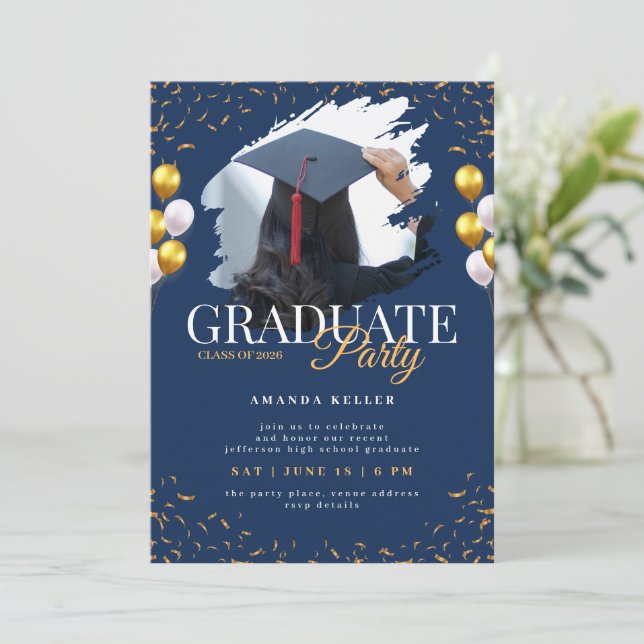 Invitación Navy and Gold Graduation Party (Anverso de pie)