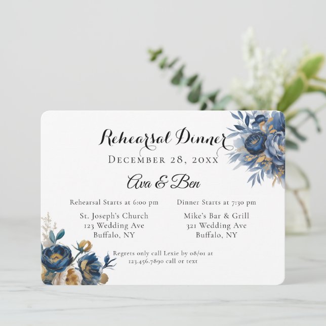 Invitación Navy and Gold Peony Flowers Rehearsal Dinner (Anverso de pie)