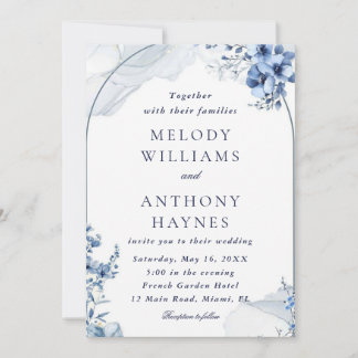 Invitación Navy and light blue watercolor floral wedding